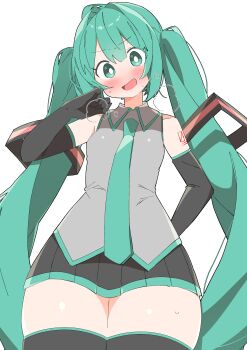 Rule 34 | 1girl, :d, absurdres, aqua eyes, aqua hair, aqua necktie, aqua trim, arm tattoo, black gloves, black skirt, black thighhighs, blush, bright pupils, collared shirt, commentary, cowboy shot, elbow gloves, gloves, grey shirt, hair ornament, hand up, hatsune miku, highres, long hair, looking at viewer, miniskirt, necktie, no nose, number tattoo, one-hour drawing challenge, open mouth, pleated skirt, puff of air, red tattoo, shirt, simple background, skirt, sleeveless, sleeveless shirt, smile, solo, sweat, tattoo, thighhighs, thighs, twintails, uruti 2388, very long hair, vocaloid, white background, white pupils, zettai ryouiki