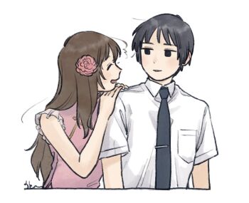 1boy 1girl ahoge axis_powers_hetalia bare_shoulders black_eyes black_hair black_necktie blush breast_pocket brown_hair closed_eyes collared_shirt commentary_request dress flower hair_flower hair_ornament half-closed_eyes hands_on_another&#039;s_shoulder hands_up highres japan_(hetalia) long_hair looking_at_another mi_aph_to necktie open_mouth pink_dress pink_flower pocket see-through_clothes shirt short_hair simple_background sleeveless sleeveless_dress smile taiwan_(hetalia) tie_clip upper_body white_background white_shirt