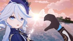 2boys 2girls 3d 60+fps absurdres aether_(genshin_impact) animated artist_name ascot asymmetrical_gloves audible_speech bed bedroom black_ascot blue_ascot blue_eyes blue_hair blue_hat brown_gloves commentary computer cowlick dakimakura_(object) desk drop-shaped_pupils english_audio english_commentary english_text furina_(genshin_impact) genshin_impact gloves hair_between_eyes hat heart heart_hands heart_hands_duo heart_hands_failure heterochromia highres holding_hands hu_tao_(genshin_impact) interlocked_fingers laptop light_blue_hair long_hair long_sleeves looking_at_viewer meme mismatched_gloves mismatched_pupils mountainous_horizon computer_mouse multicolored_hair multiple_boys multiple_girls neuvillette_(genshin_impact) pillow pointing pointing_at_viewer pov smile sound stop_it_get_some_help_(meme) stormz67 streaked_hair sunset symbol-shaped_pupils tagme thumbs_up top_hat upper_body video watermark white_ascot white_gloves white_hair