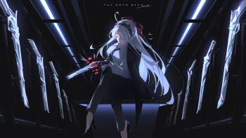 Rule 34 | 1girl, absurdres, ahoge, alternate costume, artist name, black gloves, black jacket, black necktie, black pants, black shoes, bow, breasts, carlotta (wuthering waves), closed eyes, commentary request, crossed legs, gloves, grey hair, gun, hair bow, hairband, high heels, highres, holding, holding gun, holding weapon, jacket, long hair, medium breasts, necktie, noto (noto 1213), pants, pink bow, pink hairband, rifle, shirt, shoes, solo, weapon, white shirt, wuthering waves