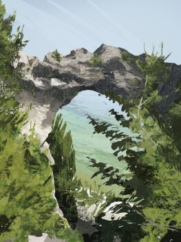 absurdres clear_sky commentary highres landscape nature no_humans original outdoors painterly plant river rock scenery sky symbol-only_commentary tree twulfs