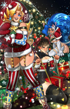 3girls animal_ears ass bare_shoulders blonde_hair blue_hair blush box breasts brown_eyes brown_hair capcom cat_ears cat_girl cat_tail christmas christmas_tree chun-li cleavage crossover darkstalkers dress earrings fangs felicia_(darkstalkers) gift gift_box gloves green_eyes hair_bun hat heart huge_ass jewelry justice_gakuen large_breasts long_hair multiple_girls night night_sky panties redgray21st santa_hat short_dress sitting sky star_(symbol) street_fighter tail thick_thighs thighhighs thighs tiffany_lords tongue tongue_out underwear very_long_hair