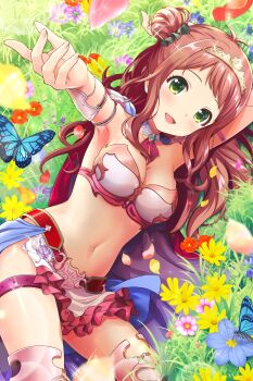 1girl absurdres agatsuma_ren alternative_girls antenna_hair arm_armor arm_behind_head armor armpits belt belt_buckle bikini_armor blue_butterfly blush breasts buckle bug butterfly cape cleavage commentary_request day detached_collar dot_nose falling_petals flower grass green_eyes green_scrunchie hair_bun hair_ornament hair_scrunchie highres insect leg_armor lens_flare long_hair looking_at_viewer lying medium_breasts nature navel official_art on_ground on_side open_mouth outdoors outstretched_arm petals pink_flower pink_petals purple_cape reaching reaching_towards_viewer red_belt red_flower red_hair red_petals scrunchie second-party_source single_side_bun smile solo sparkle stomach thighs tiara yellow_flower yellow_petals