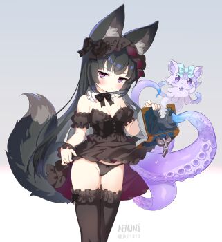 1girl absurdres animal_ear_fluff animal_ears black_dress black_hair black_panties black_thighhighs bow breasts clothes_lift creature detached_collar detached_sleeves dress dress_lift fox_ears fox_girl fox_tail frilled_dress frilled_thighhighs frills gothic_lolita hair_bow hairband highres lolita_fashion lolita_hairband long_hair looking_at_viewer n3moni original panties puffy_detached_sleeves puffy_sleeves purple_eyes scowl simple_background single_wrist_cuff small_breasts strapless strapless_dress tail tentacles thighhighs underwear wrist_cuffs