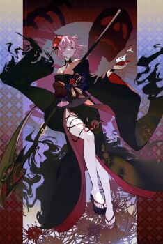 1girl absurdres bare_shoulders bob_cut bracer commentary cup english_commentary floral_print flower full_body highres hololive hololive_english japanese_clothes kimono legs looking_at_viewer mori_calliope mori_calliope_(new_year) nail_polish obi official_alternate_costume official_alternate_hair_length official_alternate_hairstyle pink_hair red_eyes ryuko_lee sakazuki sandals sash scythe short_hair skeleton smile solo spider_lily sun toes virtual_youtuber weapon