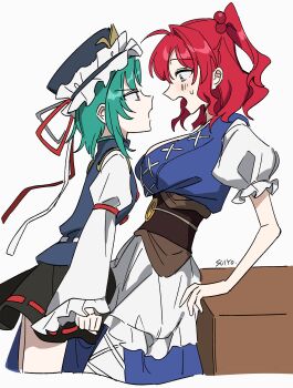 2girls absurdres ahoge arm_support arms_at_sides black_skirt blue_vest blush breasts buttons clenched_hand commentary cowboy_shot cropped_legs frilled_hat frills from_side green_hair hair_ornament hat hat_ribbon high_ponytail highres juliet_sleeves large_breasts leaning_back leaning_forward long_sleeves looking_at_another medium_hair multiple_girls obi obidome obijime onozuka_komachi open_mouth ponytail puffy_short_sleeves puffy_sleeves red_hair ribbon ribbon-trimmed_skirt ribbon-trimmed_vest ribbon_trim sash shiki_eiki shirt short_sleeves skirt small_breasts touhou uehara_suiyo vest waist_sash white_background white_shirt