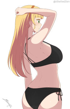 1girl absurdres alterrealzero ass back bikini black_bikini blonde_hair breasts facing_to_the_side from_behind green_eyes hairband heanna_sumire highres large_breasts long_hair looking_ahead love_live! love_live!_superstar!! orange_hairband simple_background solo strap_gap swimsuit very_long_hair white_background