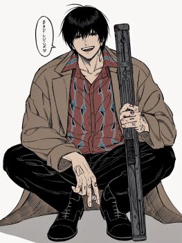 1boy black_footwear black_hair black_pants blood blood_on_hands brown_coat coat collarbone collared_coat collared_shirt dice elbows_on_knees english_text finger_tattoo full_body grin half-closed_eyes hatching_(texture) highres holding holding_dice holding_weapon kuroiisana looking_at_viewer male_focus nagumo_(sakamoto_days) neck_tattoo open_clothes open_coat pants red_shirt sakamoto_days shirt short_hair simple_background smile solo speech_bubble spread_legs squatting straight-on tattoo teeth upper_teeth_only weapon white_background