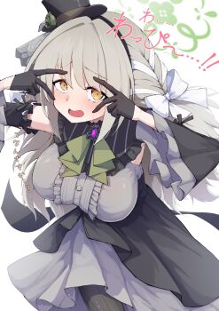 1girl ascot black_gloves black_hat black_headband black_overskirt black_pantyhose blue_archive bonsaimuraoka bow braid breasts brown_hair choppy_bangs commentary_request cosplay cowboy detached_sleeves double_inward_v dress embarrassed flower flower_halo flying_sweatdrops frilled_sleeves frills gloves green_ascot green_flower green_halo green_rose grey_dress hair_ribbon half_gloves halo hat hat_flower headband highres idol idol_clothes large_breasts long_hair looking_at_viewer mini_hat mini_top_hat miyo_(blue_archive) open_mouth pantyhose ribbon ribbon_braid rose sakurako_(blue_archive) sakurako_(blue_archive)_(cosplay) sakurako_(idol)_(blue_archive) simple_background solo sweat top_hat translation_request v v_over_eye western white_background white_bow yellow_eyes