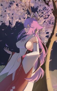 1girl absurdres animal_ears bare_shoulders breasts cherry_blossoms closed_mouth commentary_request cowboy_shot detached_sleeves fox_ears fox_girl from_side genshin_impact hair_between_eyes hand_up highres japanese_clothes large_breasts long_hair long_sleeves night oro_(lsg0624) petals pink_hair pink_petals purple_eyes sideboob smile solo tree very_long_hair wide_sleeves yae_miko