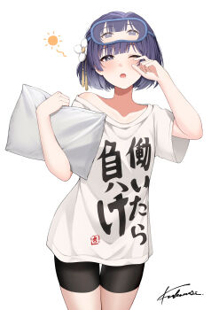 1girl absurdres bike_shorts black_shorts blush breasts character_mask clothes_writing collarbone commentary_request cosplay cowboy_shot flower fukanse_(jxyj7223) futaba_anzu futaba_anzu_(cosplay) gakuen_idolmaster hair_flower hair_ornament hand_on_own_face hand_up hataya_misuzu highres holding holding_pillow idolmaster looking_at_viewer mask mask_on_head mole mole_under_mouth one_eye_closed pillow purple_eyes purple_hair shirt short_hair short_sleeves shorts signature simple_background single_off_shoulder sleep_mask sleepy small_breasts solo standing t-shirt white_background white_flower white_shirt yawning you_work_you_lose