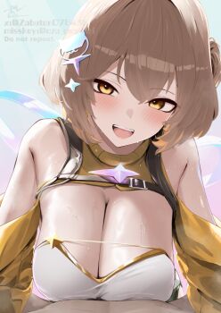 1boy 1girl anis_(nikke) bandeau bare_shoulders blush breasts brown_eyes brown_hair cat_hair_ornament cleavage clothing_cutout goddess_of_victory:_nikke gold_trim hair_ornament handsfree_paizuri hetero large_breasts long_sleeves looking_at_viewer one_side_up open_mouth oza_osuwari paizuri short_hair shoulder_cutout shrug_(clothing) smile white_bandeau yellow_shrug
