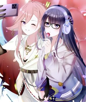 2girls alternate_costume alternate_hairstyle animal_ear_piercing animal_ears arm_up balloon black_bra blunt_bangs blurry blurry_background blush bra candy cellphone commentary couple food formal_clothes fox_ears fox_girl genshin_impact glasses hair_between_eyes hair_down happy heart_balloon holding holding_candy holding_food holding_hands holding_lollipop holding_phone hood hoodie hoyofair jewelry light_particles lollipop long_hair long_sleeves looking_to_the_side looking_up marutaro mole mole_under_eye multicolored_eyes multiple_girls necklace one_eye_closed outdoors parted_lips phone pink_hair purple_eyes purple_hair purple_hoodie purple_nails raiden_shogun raiden_shogun_(2nd_anniversary) shade smartphone smile suit teeth underwear upper_body yae_miko yae_miko_(2nd_anniversary) yuri