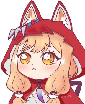 1girl animal_ear_fluff animal_ears arknights arknights:_endfield blonde_hair cape closed_mouth commentary dress ears_through_headwear english_commentary highres hood hood_up hooded_cape red_cape rossi_(arknights) solo white_dress wolf_ears wolf_girl yellow_eyes yujacake