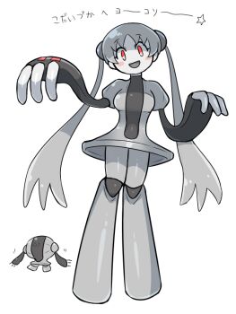 1girl blush_stickers colored_skin commentary creature_and_personification dress fewer_digits gen_3_pokemon grey_dress grey_hair grey_skin kasugai_(de-tteiu) legendary_pokemon nintendo personification pokemon pokemon_(creature) red_eyes registeel solo steel_(kasugai_(de-tteiu)) twintails wavy_arms white_background