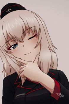 1girl ;) artist_name black_hat black_jacket blue_eyes breast_pocket breasts collared_shirt commentary dated dutch_angle emblem garrison_cap girls_und_panzer grey_hair hair_between_eyes hand_on_own_chin hat head_tilt highres insignia itsumi_erika jacket kd_esler kuromorimine_(emblem) kuromorimine_military_uniform l_hand light_blush long_sleeves looking_at_viewer medium_hair one_eye_closed parted_lips pocket pov red_shirt selfie shirt signature simple_background smile solo white_background wing_collar