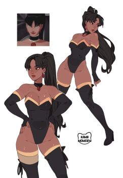 1girl artist_logo black_boots black_hair black_leotard boots breasts cleavage collarbone commentary dark-skinned_female dark_skin dc_comics detached_collar earrings groin hands_on_own_hips high_heel_boots high_heels high_ponytail jewelry justice_league kamii_momoru leotard logo long_hair looking_to_the_side multiple_views ponytail red_lips reference_inset screenshot_inset simple_background strapless strapless_leotard superwoman_(justice_league:crisis_on_two_earth) thigh_boots white_background