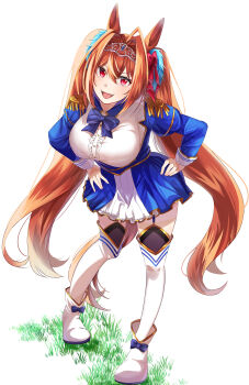 1girl absurdres animal_ears black_thighhighs blue_jacket blue_skirt blush bow breasts brown_hair center_frills commentary_request daiwa_scarlet_(peak_blue)_(umamusume) daiwa_scarlet_(umamusume) epaulettes fang frills garter_straps hair_between_eyes hair_intakes hands_on_own_hips highres horse_ears horse_girl horse_tail jacket juliet_sleeves large_breasts layered_legwear layered_skirt leaning_forward long_hair long_sleeves looking_at_viewer open_mouth puffy_sleeves red_eyes shirt skirt smile solo tail thighhighs tiara twintails umamusume very_long_hair white_shirt white_skirt white_thighhighs yume_30_31