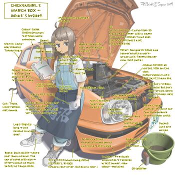 Rule 34 | 1girl, 2025, apron, arrow (symbol), artist name, blue apron, blue overalls, blush, book, boots, border, brown eyes, brown hair, bucket, car, car part, castrol, cat, cat tail, closed mouth, commentary request, engine, english text, full body, funnel (tool), gloves, grease (mechanical), highres, holding, holding book, instruction manual, jettoburikku, lace-up boots, leaning against vehicle, license plate, logo, mechanic, medium hair, motor oil, motor vehicle, nissan, nissan micra, open car hood, original, overalls, pants, pants rolled up, pointing out the details, shirt, short sleeves, simple background, solo, standing, tail, tin (container), white background, white boots, white gloves, white shirt, yellow car