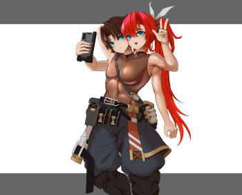 Rule 34 | 1boy, 1girl, :d, absurdres, armored boots, armpits, arms up, bag, baggy pants, bare shoulders, belt, belt pouch, black belt, black boots, black pants, blue eyes, boots, breasts, brother and sister, brown hair, brown shirt, buckle, cellphone, chinese commentary, closed mouth, commentary request, conjoined, covered collarbone, covered navel, curtained hair, extra arms, freytn, hair between eyes, highres, holding, holding phone, large breasts, long hair, looking at viewer, multiple heads, open mouth, original, pants, phone, ponytail, pouch, red hair, selfie, shirt, short hair, shoulder bag, siblings, sidelocks, sleeveless, sleeveless shirt, smartphone, smile, snap-fit buckle, standing, tight clothes, tight shirt, v