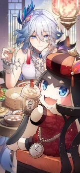 1girl 1other absurdres bare_shoulders blue_eyes blue_hair bridal_gauntlets bubble_tea china_dress chinese_clothes closed_mouth commentary_request cup disposable_cup dress fangs food hair_between_eyes highres holding holding_cup honkai:_star_rail honkai_(series) long_hair looking_at_viewer multicolored_hair official_art open_mouth pom-pom_(honkai:_star_rail) single_bridal_gauntlet sitting smile steamed_bun white_bridal_gauntlets white_hair yao_guang_(honkai:_star_rail)