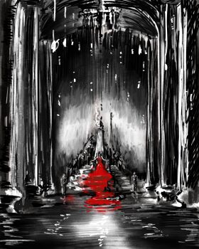 1girl 2others absurdres chandelier column commentary dress elbow_rest english_commentary facing_viewer highres ignoramoose indoors ki_song multiple_others outstretched_arms partially_colored pillar red_dress shadow_slave sitting stairs throne wide_shot