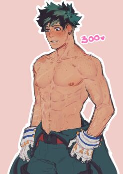 1boy abs blush body_freckles bodysuit boku_no_hero_academia earrings freckles green_bodysuit green_eyes green_hair highres jewelry male_focus midoriya_izuku navel navel_hair nipples outline pectorals short_hair solo spacenipnops superhero_costume topless_male twitter_strip_game white_outline