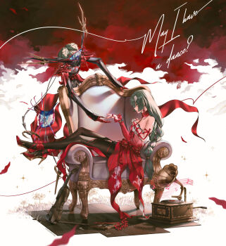 Rule 34 | 1girl, absurdres, beamed eighth notes, black pantyhose, breasts, broken picture frame, bruno kerling, commentary, dress, earrings, english commentary, english text, flower, grey hair, halter dress, halterneck, hecate (wuthering waves), high heels, highres, instrument, jewelry, long hair, medium breasts, multicolored hair, musical note, pantyhose, phonograph, phrolova (wuthering waves), red dress, red shoes, shoes, sitting sideways, spider lily, streaked hair, tacet discord (wuthering waves), taking another's hand, violin, wuthering waves