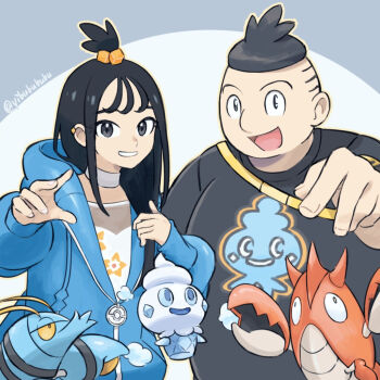 1boy 1girl ;d black_hair blue_hoodie choker clauncher commentary_request corphish cube_hair_ornament gen_3_pokemon gen_5_pokemon gen_6_pokemon grin hair_ornament hand_up hands_up hood hood_down hoodie lida_(pokemon) long_hair looking_at_viewer nintendo one_eye_closed open_mouth pokemon pokemon_(creature) pokemon_legends:_z-a pokemon_xy print_shirt shirt sidelocks smile strap teeth tierno_(pokemon) tongue topknot vanillite white_choker yibuzhai