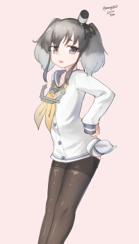 Rule 34 | 1girl, absurdres, anchor, black hair, black pantyhose, brown eyes, buttons, commentary request, dated, feet out of frame, gradient hair, hat, headgear, highres, kantai collection, long sleeves, lowleg, lowleg pantyhose, maru (marg0613), mini hat, multicolored hair, neckerchief, no pants, one-hour drawing challenge, pantyhose, shirt, short hair, short hair with long locks, side-tie peek, sidelocks, simple background, smokestack hair ornament, solo, thighband pantyhose, tied shirt, tokitsukaze (kancolle), twitter username, yellow neckerchief
