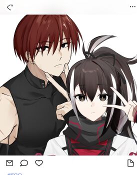 1boy 1girl bare_shoulders black_bow black_eyes black_hair black_shirt bow collared_shirt expressionless fate/grand_order fate_(series) hair_bow hair_over_eyes harada_sanosuke_(fate) highres kawakami_gensai_(fate) looking_at_viewer multicolored_hair nyapre red_hair shirt sleeveless sleeveless_shirt toned toned_male two-tone_hair upper_body v v_over_eye v_over_mouth white_hair