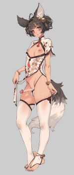 1boy absurdres androgynous animal_ears barefoot black_nails blunt_bangs brown_hair cum cumdrip erection feet heart heart-shaped_eyes highres jeffr legs looking_at_viewer nipple_indents nipples original panties pectorals penis penis_piercing piercing red_eyes short_eyebrows short_hair solo thighhighs thighs trap underwear wolf_boy