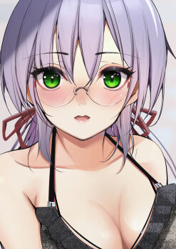 1girl absurdres blush bra breasts commentary_request glasses green_eyes hair_ribbon heaven_burns_red highres izumi_yuki_(heaven_burns_red) large_breasts looking_at_viewer natsuki_(muravito) purple_hair ribbon underwear