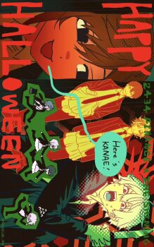 4boys :3 ^_^ alternate_costume axe black_eyes black_necktie blazer brown_hair chasing chibi chibi_inset closed_eyes closed_mouth collared_shirt color_contrast cosplay earrings empty_eyes english_text expressionless fangs fingernails fleeing flying_sweatdrops formal_clothes frown fuwa_minato grady_sisters_(the_shining) grady_sisters_(the_shining)_(cosplay) halftone hands_in_pockets happy_halloween hashtag-only_commentary here&#039;s_johnny!_(meme) holding holding_axe holding_hands holding_knife jacket jewelry kanae_(nijisanji) kenmochi_touya kitchen_knife knife kuzuha_(nijisanji) lapels layered_skirt looking_to_the_side male_focus meme mole mole_under_eye multiple_boys necktie nervous nervous_sweating nijisanji notched_lapels open_mouth pants pants_under_skirt parody pointy_ears red_eyes running scared scene_reference screentones sharp_fingernails shirt short_hair sidelocks sideways sishuiloe_1994 sitting skirt smile solid_circle_pupils standing suit sweat sweatdrop the_shining twitter_username v-shaped_eyebrows white_hair white_shirt wing_collar