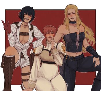 belt black_hair blonde_hair blue_eyes breasts choker cleavage crop_top devil_may_cry devil_may_cry_(series) devil_may_cry_4 dress gloves hejee highres kyrie_(devil_may_cry) lady_(devil_may_cry) large_breasts leather leather_pants long_hair looking_at_viewer multiple_girls navel open_mouth pants ponytail scar scar_on_face scar_on_nose short_hair simple_background smile strapless trish_(devil_may_cry) tube_top