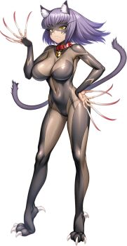 1girl akebi_(taimanin_series) animal_ears bodysuit breasts cat_ears cat_girl claws collar curvy fingernails full_body hand_on_own_hip impossible_bodysuit impossible_clothes impossible_leotard large_breasts leotard lilith-soft long_fingernails long_hair looking_at_viewer nekomata purple_hair shiny_clothes shiny_skin standing tail taimanin_(series) taimanin_rpgx wide_hips yellow_eyes zol