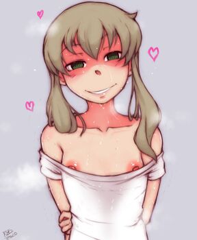 1girl artist_name brown_hair collarbone dress empty_eyes excited female_focus flat_chest green_eyes grey_background grin hand_on_own_arm highres loli long_hair looking_at_viewer maka_albarn naughty_face nipple_slip nipples off-shoulder_dress off_shoulder randomboobguy shaded_face simple_background smile solo soul_eater teeth twintails upper_body white_dress yandere
