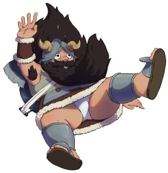 1boy arm_up armpit_hair armpits bara beard bulge dungeon_meshi dwarf facial_hair fake_horns falling full_body helmet highres horned_helmet horns jadsalcedo_art loincloth long_beard male_focus mustache senshi_(dungeon_meshi) solo spread_legs thick_mustache thighs very_long_beard