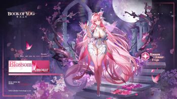 1girl ahoge artist_request book_of_yog breasts bug butterfly closed_mouth collar copyright_name copyright_notice feathered_wings flower freyja_(book_of_yog) full_moon hair_flower hair_intakes hair_ornament highres insect long_hair moon navel official_art pink_flower pink_thighhighs purple_eyes shoes smile solo stairs thighhighs white_collar white_shoes white_wings wings