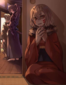 Rule 34 | 1girl, 2boys, bad id, bad pixiv id, barefoot, colored sclera, demon, demon girl, demon horns, full body, grey hair, grey kimono, horns, indoors, japanese clothes, kaigaku, katana, kimetsu no yaiba, kimono, kokushibou, long hair, long sleeves, mukago (kimetsu no yaiba), multiple boys, nail polish, obi, open mouth, pale skin, ponytail, purple hair, purple kimono, red kimono, red nails, red sclera, samurai, sash, shadow, sheath, sheathed, short hair, standing, sunset, sword, weapon, white hair, yellow eyes, yogukasu