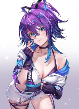 1girl absurdres artist_name black_choker blue_eyes blue_hair blue_nails breasts choker collarbone commentary cowboy_shot english_commentary fingerless_gloves fingernails gloves gradient_background gradient_hair hair_between_eyes hair_intakes hair_ornament highres hood hoodie looking_at_viewer medium_breasts medium_hair melody_(projektmelody) multicolored_hair nail_polish official_art purple_gloves purple_hair ringeko-chan shorts single_bare_shoulder single_off_shoulder solo thighs virtual_youtuber vshojo white_hoodie white_shorts wrist_belt