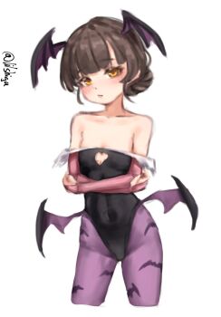 1girl animal_print artist_name bare_shoulders bat_print bat_wings black_leotard blunt_bangs braid breasts bridal_gauntlets brown_eyes brown_hair clothing_cutout commentary_request cosplay cowboy_shot crossed_arms cutout_above_navel darkstalkers double_bun fur-trimmed_leotard fur_trim hair_bun head_wings heart_cutout highleg highleg_leotard highres kantai_collection leotard lilshigu long_hair looking_at_viewer low_wings morrigan_aensland morrigan_aensland_(cosplay) off-shoulder_leotard one-hour_drawing_challenge pantyhose print_pantyhose purple_pantyhose purple_wings simple_background small_breasts solo twin_braids twitter_username white_background wings yawata_maru_(kancolle)