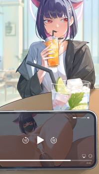 1girl after_vaginal anal animal_ears averting_eyes black_choker black_hair black_jacket black_mask blue_archive blunt_bangs blurry blurry_background blush breasts cat_choker cat_ears cellphone choker colored_inner_hair commentary cum cum_in_pussy cumdrip cup drinking drinking_straw drinking_straw_in_mouth extra_ears eyes_visible_through_hair food fruit hair_ornament hairclip halo highres holding holding_cup ice ice_cube jacket juxtaposition kazusa_(blue_archive) kibawa lime_(fruit) lime_slice mask medium_breasts mouth_mask multicolored_hair off_shoulder open_clothes open_jacket paid_reward_available penis phone pink_hair pink_halo pov pussy shirt short_hair single_off_shoulder smartphone solo_focus sweatdrop t-shirt table uncensored upper_body v-neck white_shirt