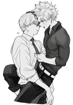 2boys absurdres bakugou_katsuki boku_no_hero_academia clothes_grab collared_shirt commentary_request cropped_legs depisx dutch_angle eye_contact greyscale highres looking_at_another male_focus monochrome multicolored_hair multiple_boys necktie necktie_grab neckwear_grab open_collar open_mouth pants parted_lips shirt shirt_tucked_in short_hair short_sleeves simple_background sleeve_cuffs spiked_hair split-color_hair todoroki_shoto white_background wing_collar yaoi