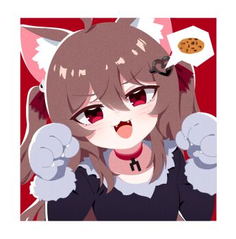 1girl ahoge animal_ears animal_hands black_shirt border broken_heart broken_heart_hair_ornament brown_hair cat_ears cat_girl cat_paws collar commentary cookie english_commentary evil_neuro-sama fangs food hair_between_eyes hair_ornament hair_ribbon heart heart_hair_ornament highres long_hair looking_at_viewer neuro-sama open_mouth paw_pose red_collar red_eyes red_ribbon ribbon shirt solo speech_bubble two_side_up upper_body vedal_ai virtual_youtuber white_border xiaomacroz