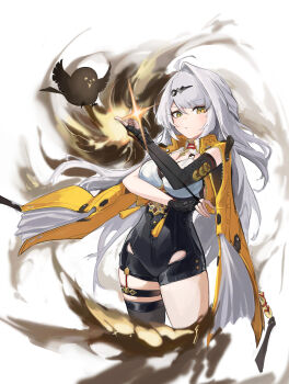 1girl absurdres ahoge asymmetrical_gloves bird black_bird black_gloves black_thighhighs black_unitard breasts coin coin_on_string commentary cropped_legs elbow_gloves english_commentary fingerless_gloves garter_straps gloves hair_ornament hairpin highres ink jacket large_breasts long_hair looking_at_viewer mole mole_on_breast parted_lips pontaselo simple_background single_elbow_glove single_garter_strap single_hair_intake single_thighhigh solo sparkle tassel thigh_strap thighhighs uneven_gloves white_background white_hair yellow_eyes yellow_jacket yin_yang_pin yixuan_(zenless_zone_zero) zenless_zone_zero