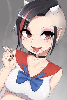 1girl alternate_hairstyle asymmetrical_hair black_choker black_hair black_nails blue_bow bow breasts choker cigarette collarbone collared_shirt commentary_request crop_top ear_piercing eyebrow_piercing eyelashes face_piercing finger_tattoo fingernails forked_tongue grey_background grey_hair highres holding holding_cigarette kijin_seija lip_piercing mouth_piercing multicolored_hair multicolored_nails nail_polish neck_piercing open_mouth piercing pointy_ears punk red_eyes red_hair red_nails shirt short_hair sidecut simple_background single_sidelock small_horns smile smoke smoking solo streaked_hair tattoo teeth tongue tongue_piercing too_many_piercings touhou two-tone_nails undercut upper_body upper_teeth_only very_short_hair white_shirt zakku_(kya--193)