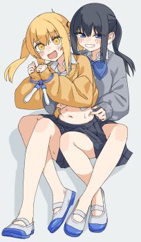 2girls absurdres black_hair black_skirt blonde_hair blue_eyes blush_stickers bound bound_wrists brown_sweater clothes_lift commentary_request drooling grey_background grey_shoes grey_sweater grin hair_between_eyes highres jump_rope kopaka_(karda_nui) long_hair long_sleeves mouth_drool multiple_girls navel no_socks open_mouth original pleated_skirt puffy_long_sleeves puffy_sleeves restrained school_uniform shadow shirt shirt_lift shoes simple_background skirt sleeves_past_wrists smile stomach sweat sweater sweater_lift tickling tickling_sides twintails uwabaki white_shirt yellow_eyes