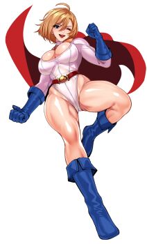 1girl ;d blonde_hair blue_boots blue_gloves bodysuit boots breasts cape clenched_hands dc_comics full_body gloves hair_between_eyes highleg highres impossible_bodysuit impossible_clothes large_breasts looking_at_viewer one_eye_closed open_mouth power_girl red_cape simple_background skin_tight smile solo standing standing_on_one_leg superman_(series) thick_thighs thighs volyz white_background