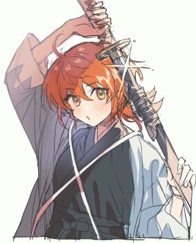 1girl ahoge black_hakama black_kimono blue_haori fate/grand_order fate_(series) fujimaru_ritsuka_(female) fujimaru_ritsuka_(female)_(teal_uniform) hakama haori highres holding holding_sword holding_weapon japanese_clothes katana kimono low_ponytail orange_hair ponytail sheath solo sword tasuki unsheathing wani_(mezo) weapon white_background yellow_eyes